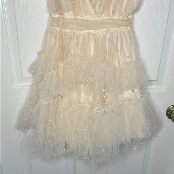 Cream Fit and Flare Mini Dress with Flutter Sleeves - Picture 7 of 9
